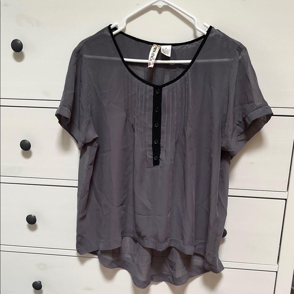 Mimi Chica Gray Sheer Blouse with Black Trim